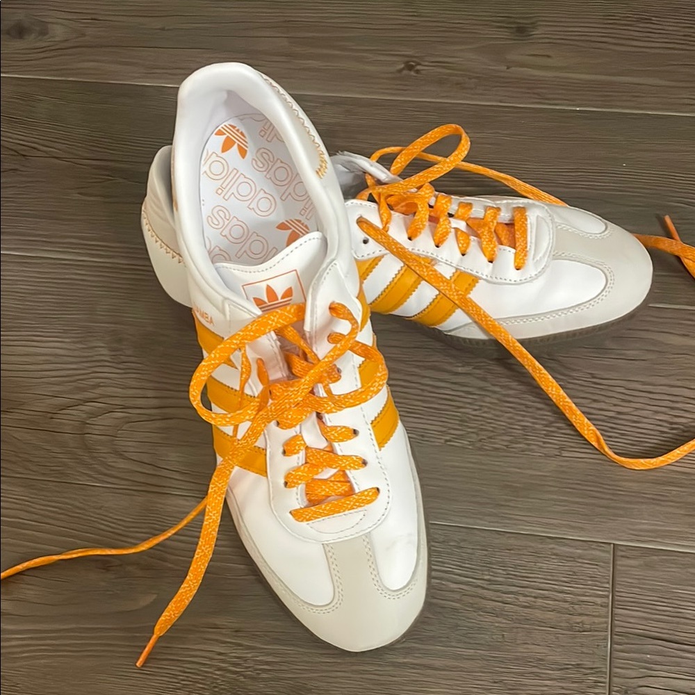 Adidas White and Orange Low-Top Samba Sneakers